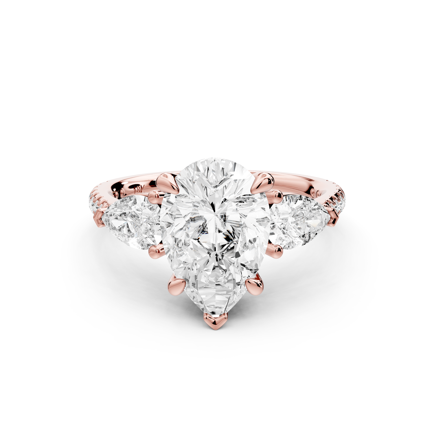 Alma - 2ct 14k rose gold pear center stone with two pear shaped diamonds and pavé. Three stone oval and pear Engagement ring with Pavé