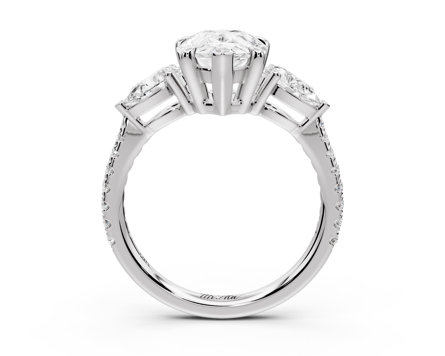 Alma - 2ct 14k white gold pear center stone with two pear shaped diamonds and pavé. Three stone oval and pear Engagement ring with Pavé