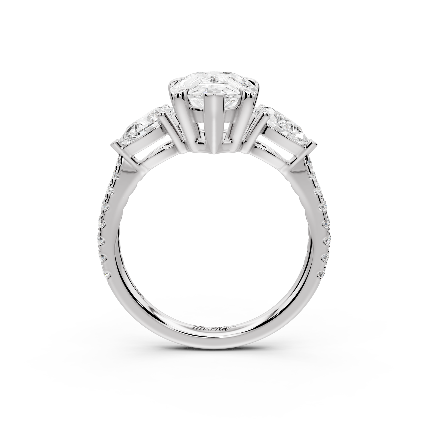 Alma - 2ct 14k white gold pear center stone with two pear shaped diamonds and pavé. Three stone oval and pear Engagement ring with Pavé