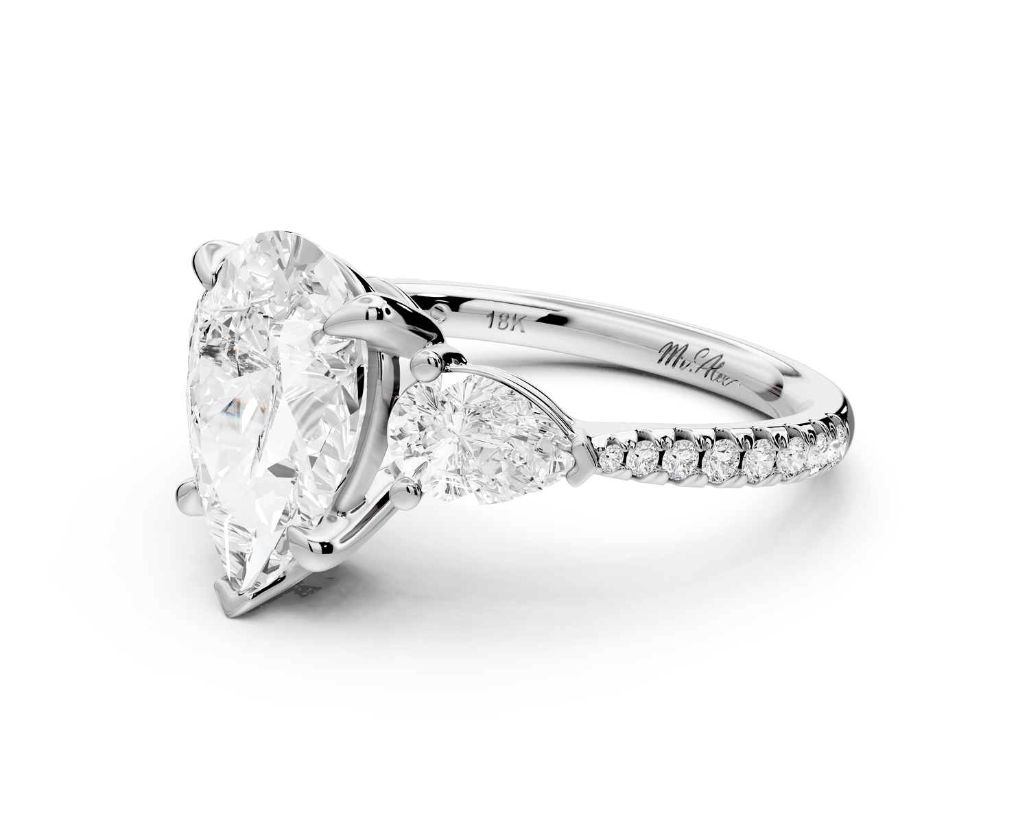 Alma - 2ct 14k white gold pear center stone with two pear shaped diamonds and pavé. Three stone oval and pear Engagement ring with Pavé