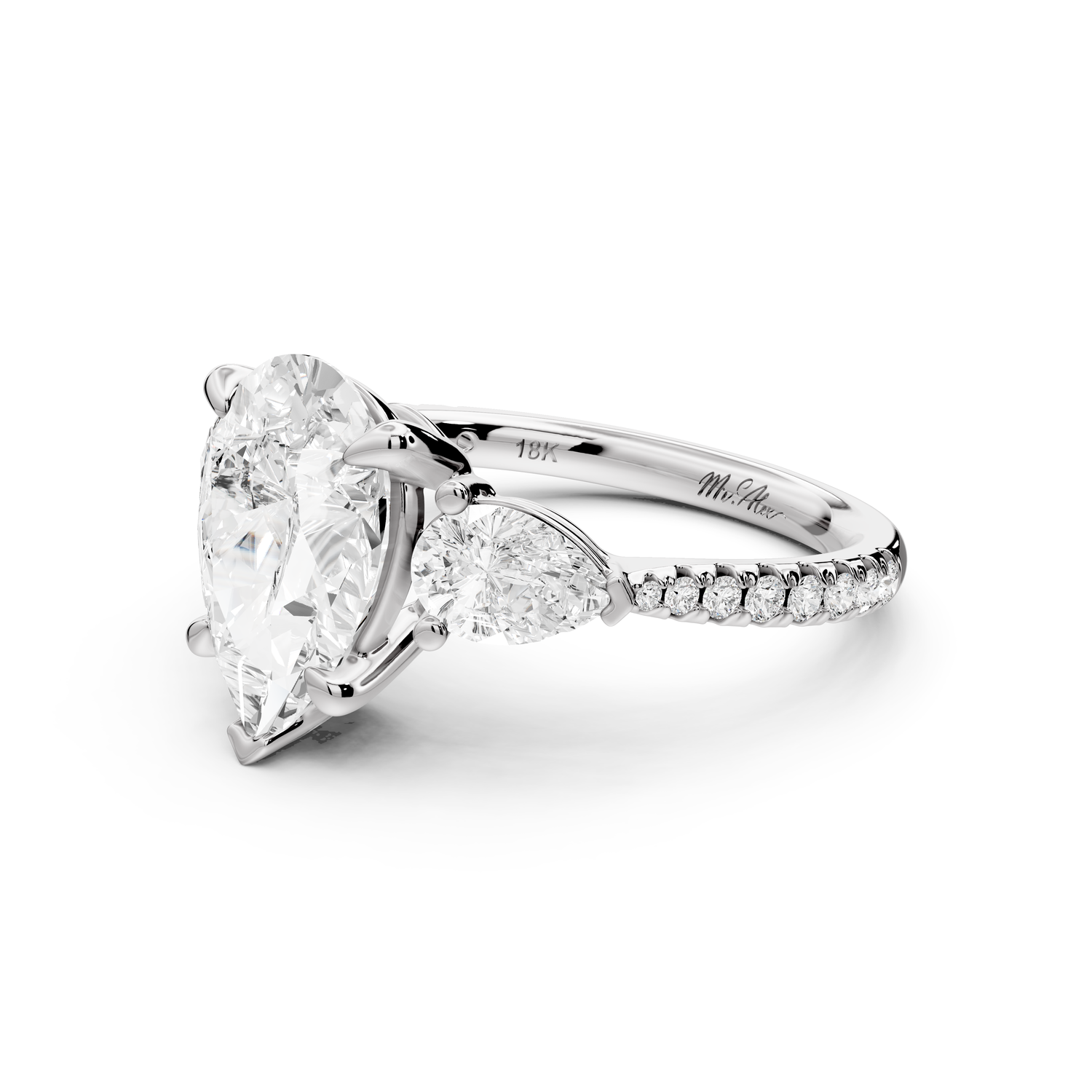 Alma - 2ct 14k white gold pear center stone with two pear shaped diamonds and pavé. Three stone oval and pear Engagement ring with Pavé