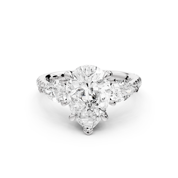 Alma - 2ct 14k white gold pear center stone with two pear shaped diamonds and pavé. Three stone oval and pear Engagement ring with Pavé