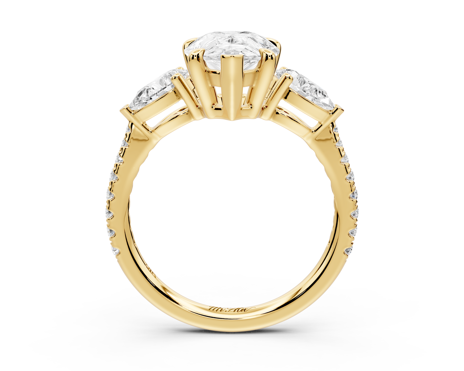 Alma - 2ct 14k yellow gold pear center stone with two pear shaped diamonds and pavé. Three stone oval and pear Engagement ring with Pavé