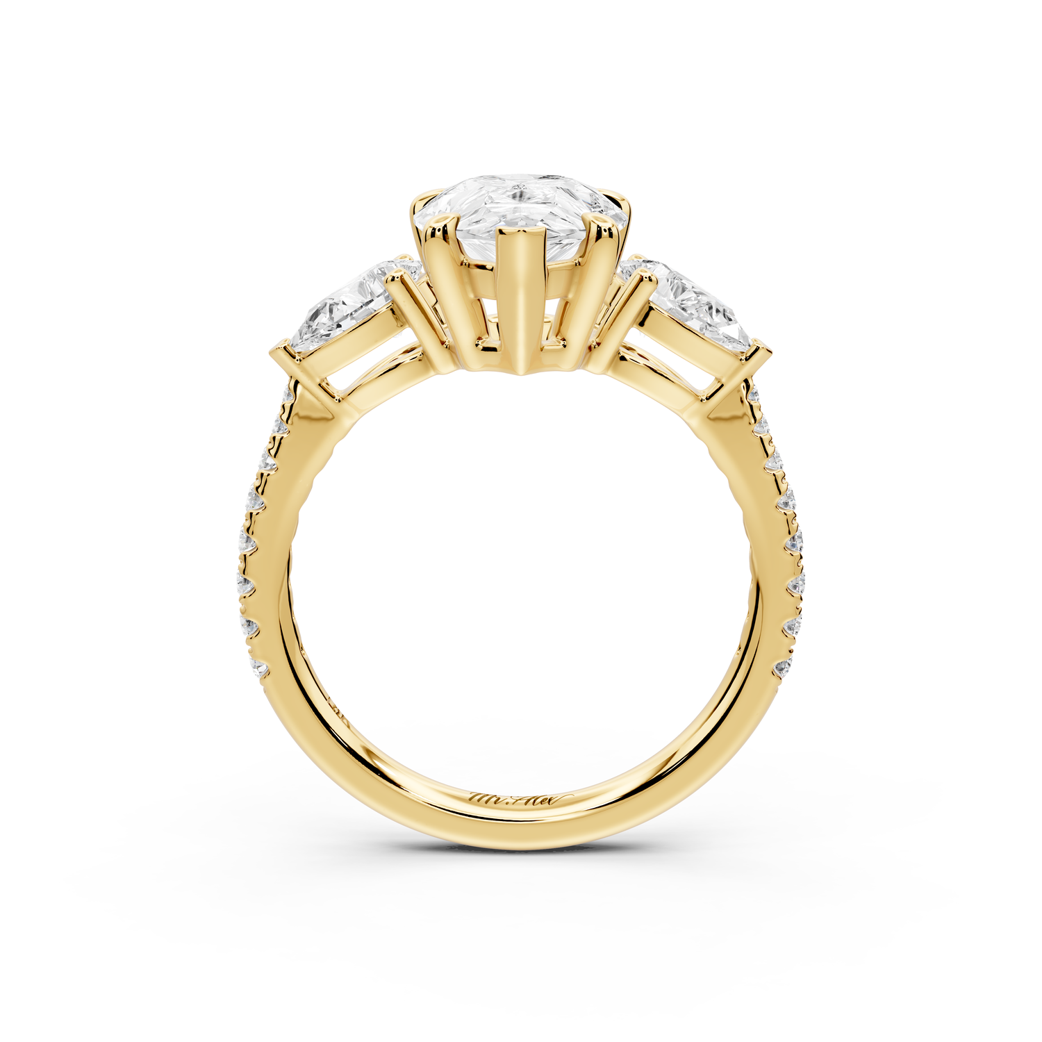 Alma - 2ct 14k yellow gold pear center stone with two pear shaped diamonds and pavé. Three stone oval and pear Engagement ring with Pavé