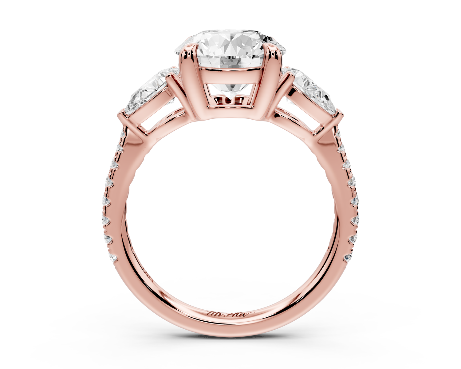 Alma - 2ct 14k rose gold round center stone with two pear shaped diamonds and pavé. Three stone oval and pear engagment ring with Pavé