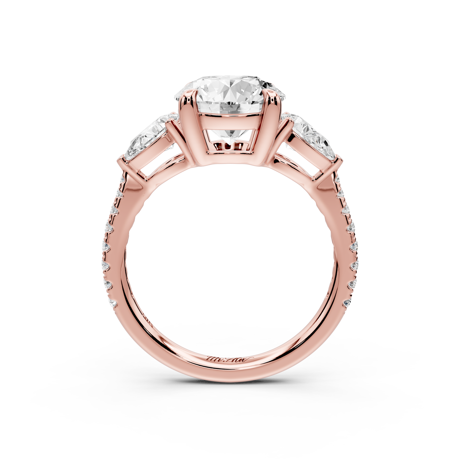 Alma - 2ct 14k rose gold round center stone with two pear shaped diamonds and Pavé. Three stone oval and pear engagment ring with Pavé