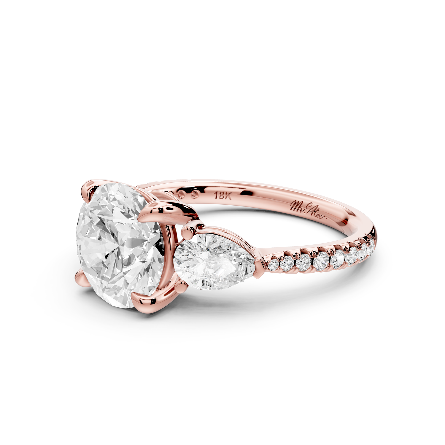 Alma - 2ct 14k rose gold round center stone with two pear shaped diamonds and pav��. Three stone oval and pear engagment ring with Pav��