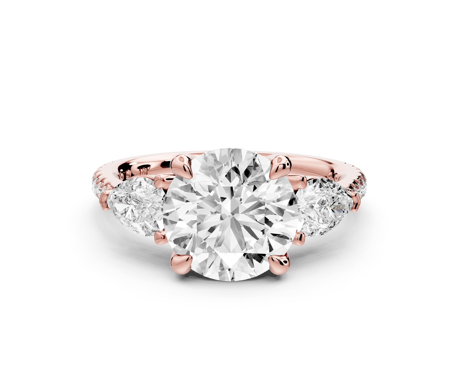 Alma - 2ct 18k rose gold round center stone with two pear shaped diamonds and pavé. Three stone oval and pear engagment ring with Pavé