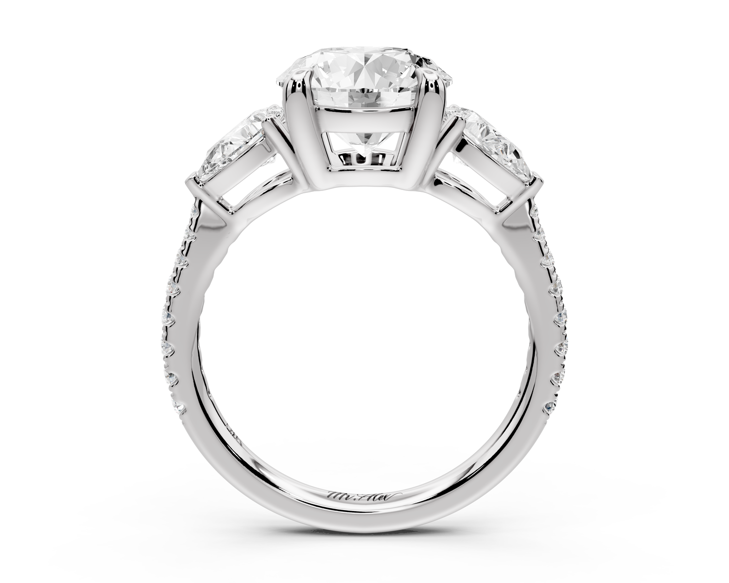 Alma - 2ct 14k white gold round center stone with two pear shaped diamonds and Pavé. Three stone oval and pear engagment ring with Pavé