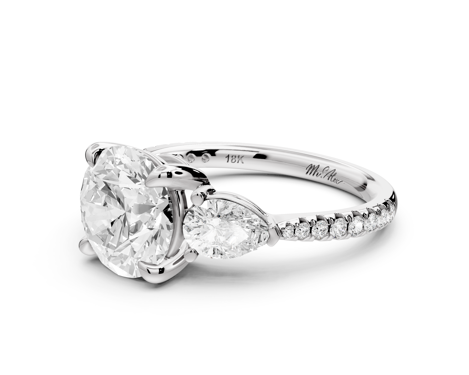 Alma - 2ct 14k white gold round center stone with two pear shaped diamonds and Pavé. Three stone oval and pear engagment ring with Pavé