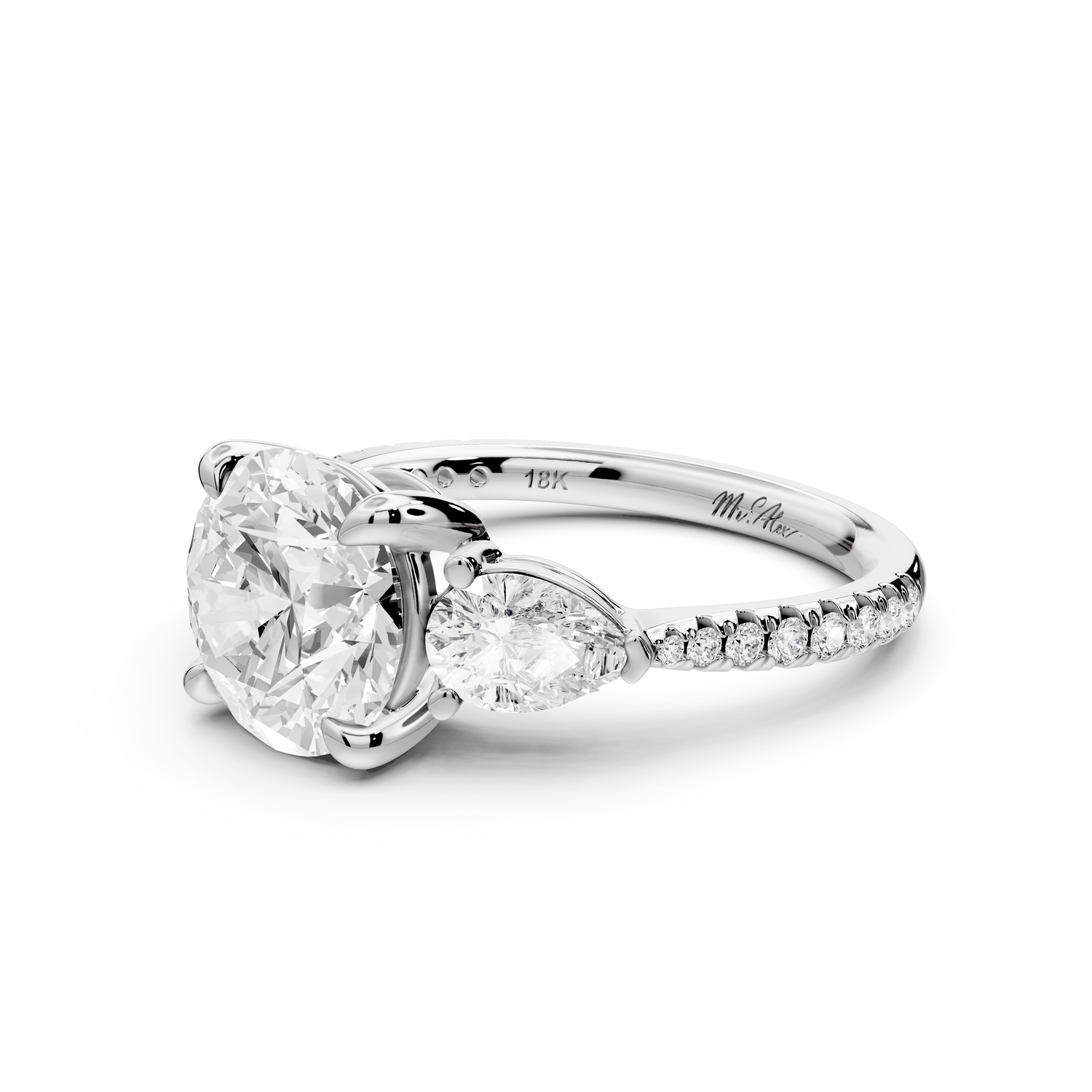 Alma - 2ct 14k white gold round center stone with two pear shaped diamonds and pav��. Three stone oval and pear engagment ring with Pav��