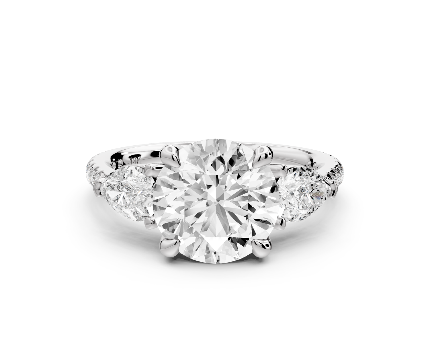 Alma - 2ct 14k white gold round center stone with two pear shaped diamonds and Pavé. Three stone oval and pear engagment ring with Pavé