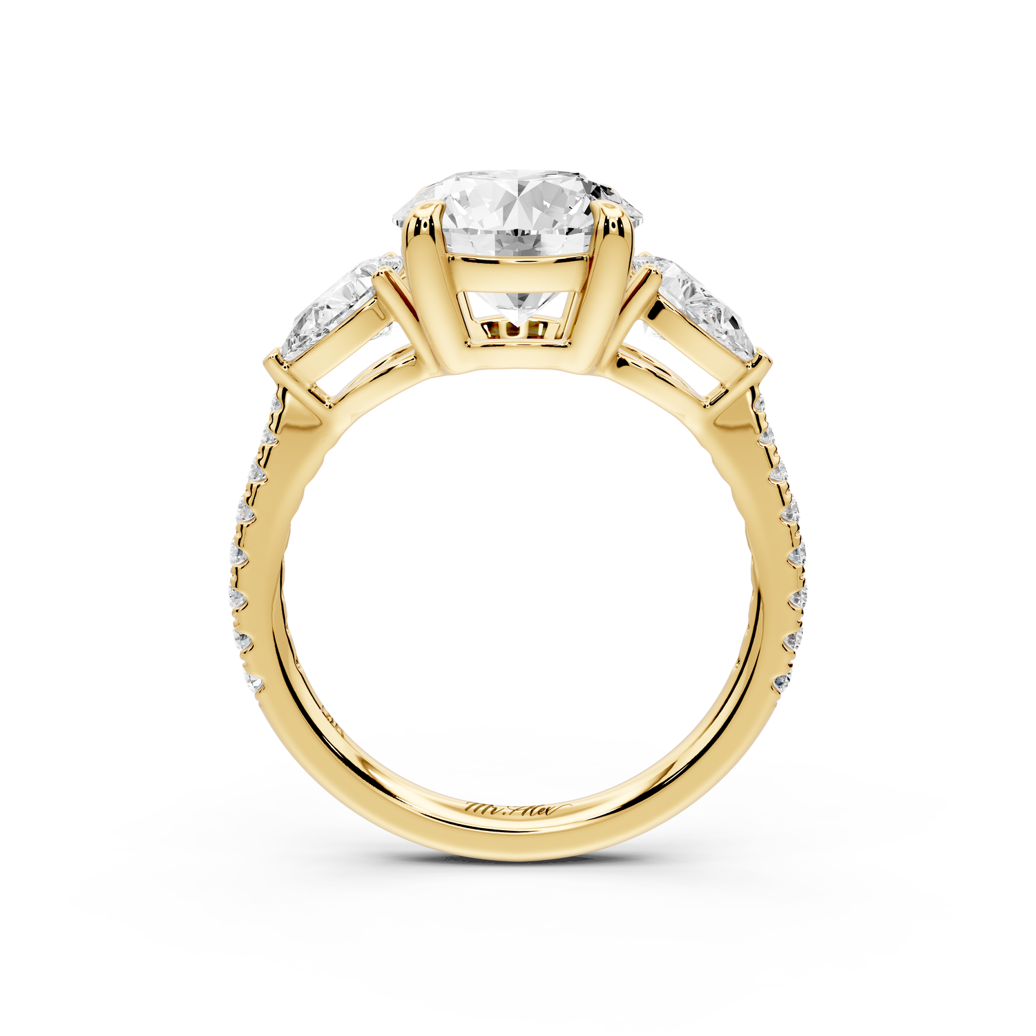 Alma - 2ct 18k yellow gold round center stone with two pear shaped diamonds and Pavé. Three stone oval and pear engagment ring with Pavé