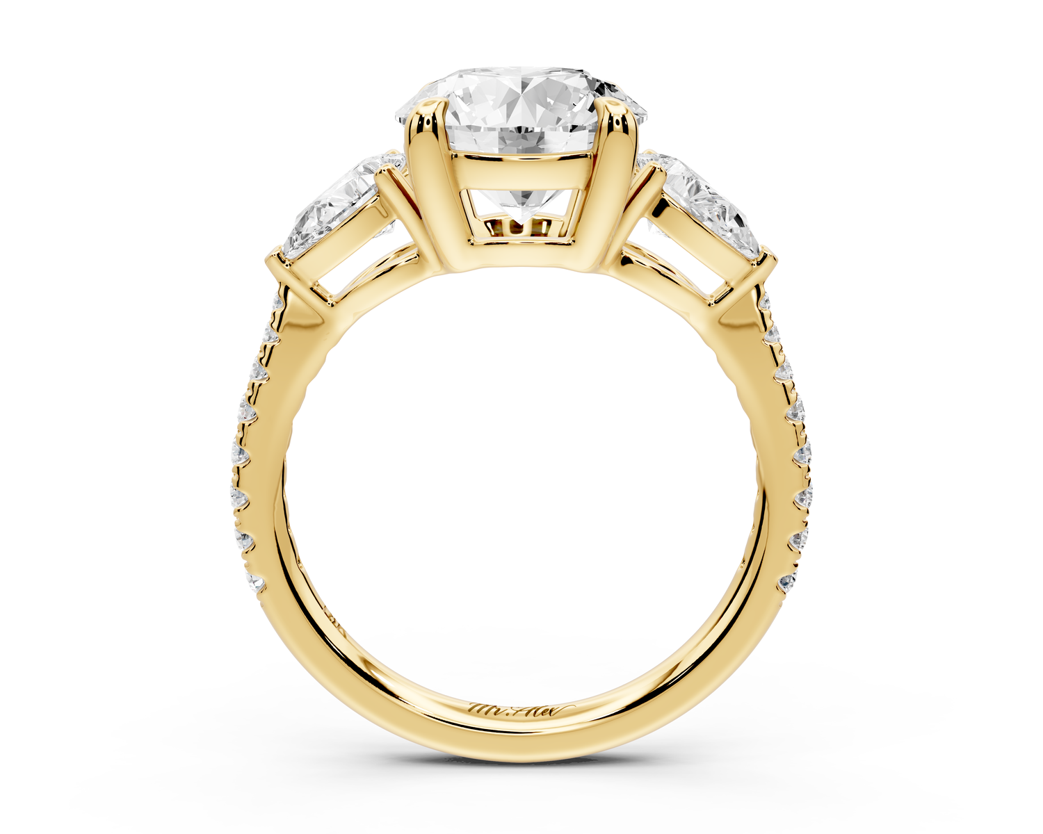 Alma - 2ct 14k yellow gold round center stone with two pear shaped diamonds and pavé. Three stone oval and pear engagment ring with Pavé