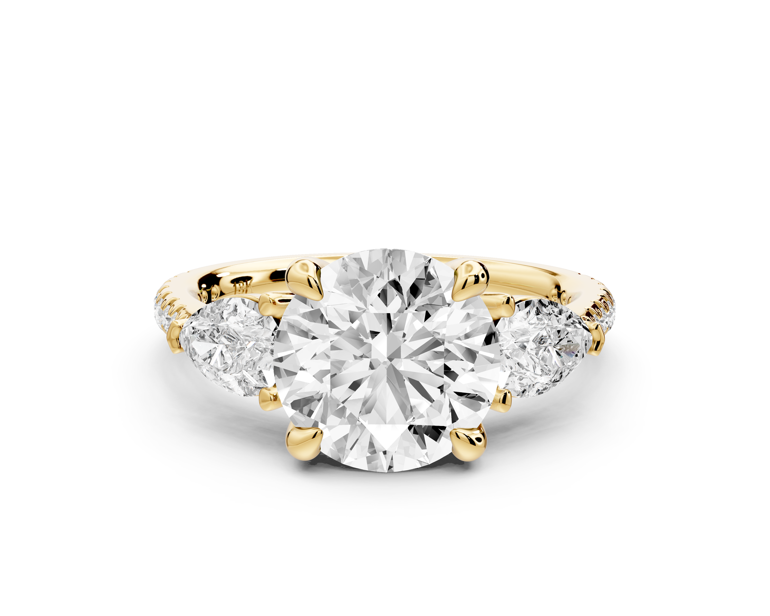 Alma - 2ct 14k yellow gold round center stone with two pear shaped diamonds and pavé. Three stone oval and pear engagment ring with Pavé