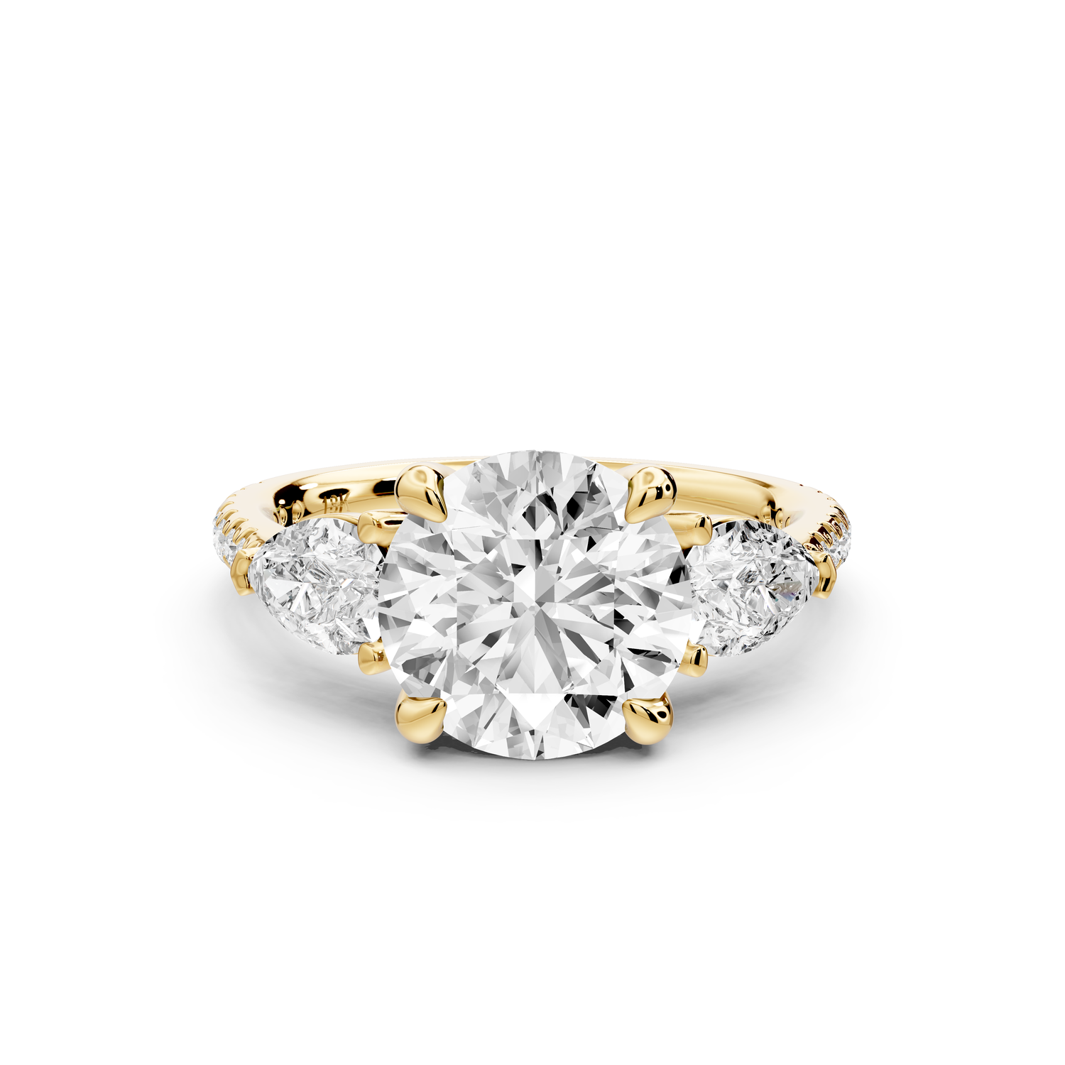 Alma - 2ct 14k yellow gold round center stone with two pear shaped diamonds and pav��. Three stone oval and pear engagment ring with Pav��