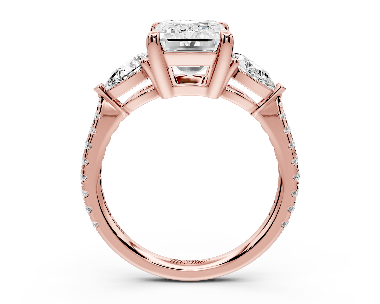 Alma - 3ct 14k rose gold emerald center stone with two pear shaped diamonds and pavé. Three stone oval and pear Engagement ring with Pavé