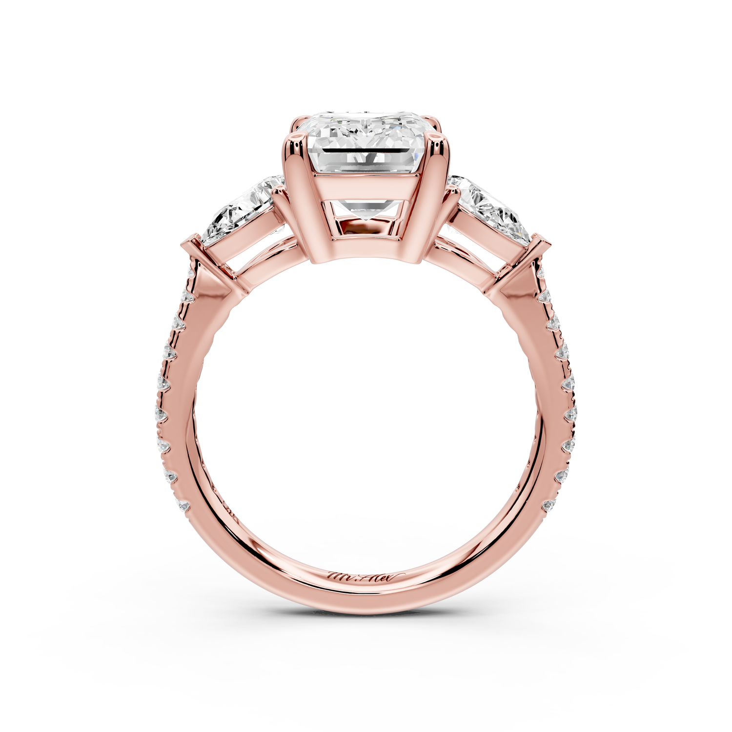 Alma - 3ct 14k rose gold emerald center stone with two pear shaped diamonds and pavé. Three stone oval and pear Engagement ring with Pavé