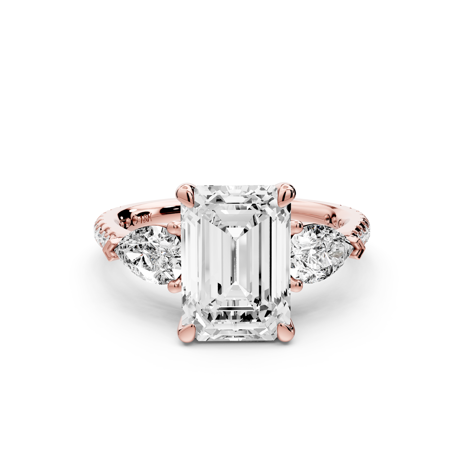 Alma - 3ct 14k rose gold emerald center stone with two pear shaped diamonds and pavé. Three stone oval and pear Engagement ring with Pavé