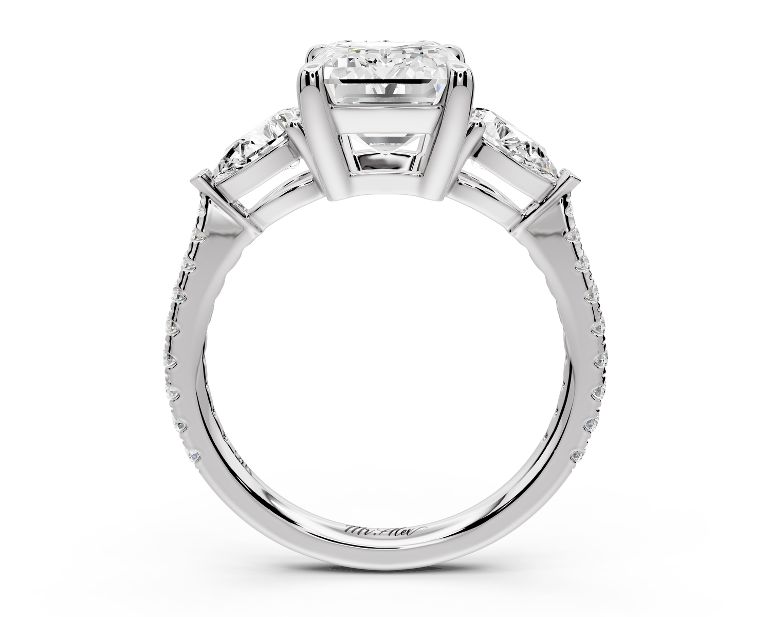 Alma - 3ct 14k white gold emerald center stone with two pear shaped diamonds and pavé. Three stone oval and pear Engagement ring with Pavé