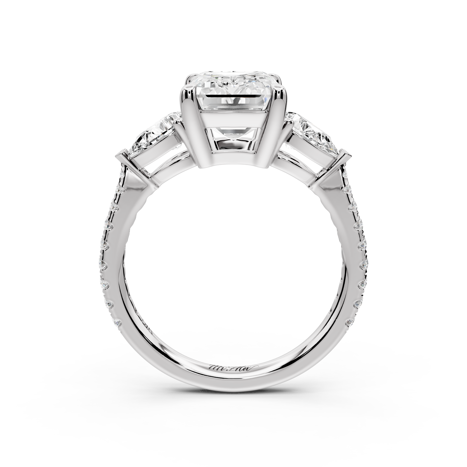 Alma - 3ct 14k white gold emerald center stone with two pear shaped diamonds and pavé. Three stone oval and pear Engagement ring with Pavé