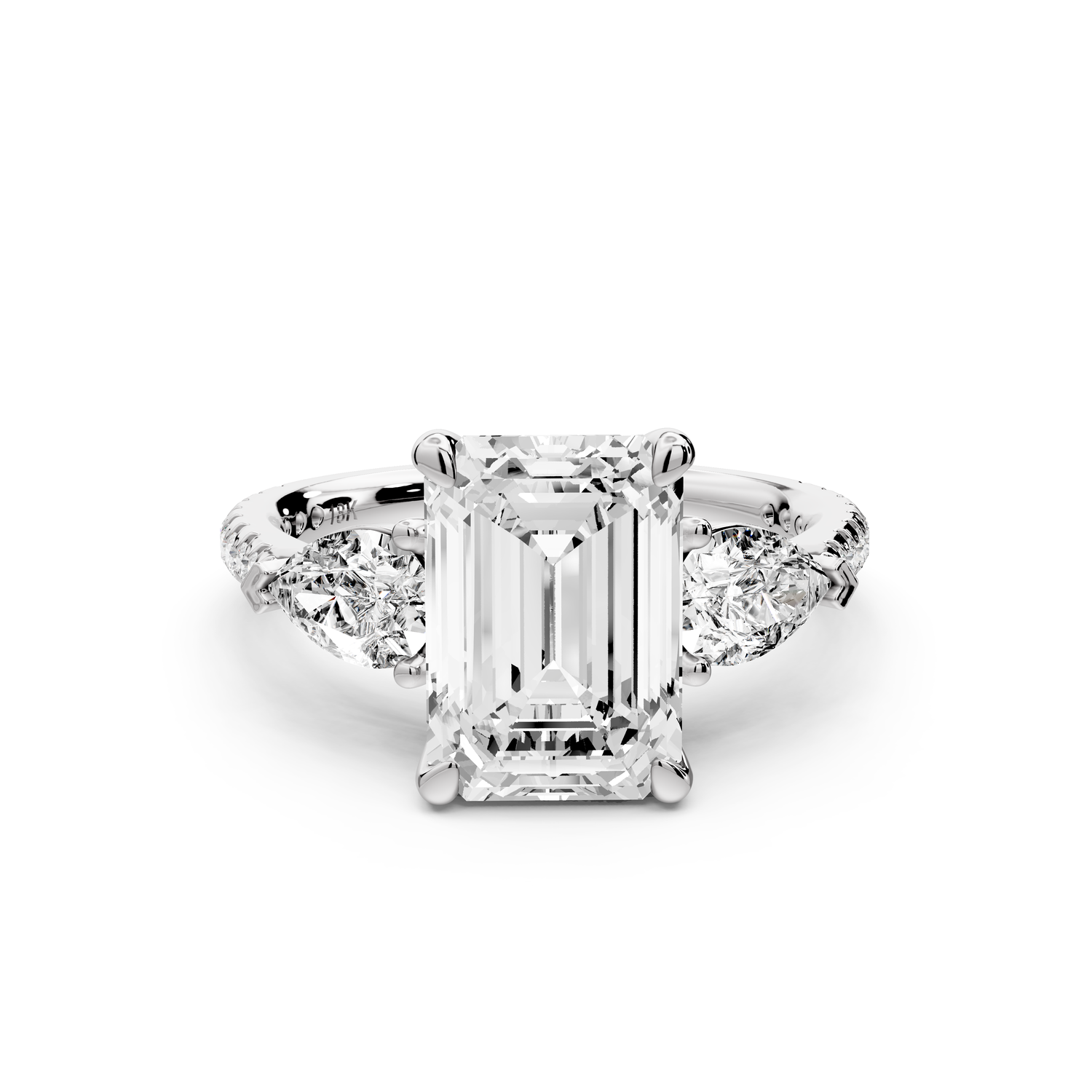 Alma - 3ct 14k white gold emerald center stone with two pear shaped diamonds and pavé. Three stone oval and pear Engagement ring with Pavé