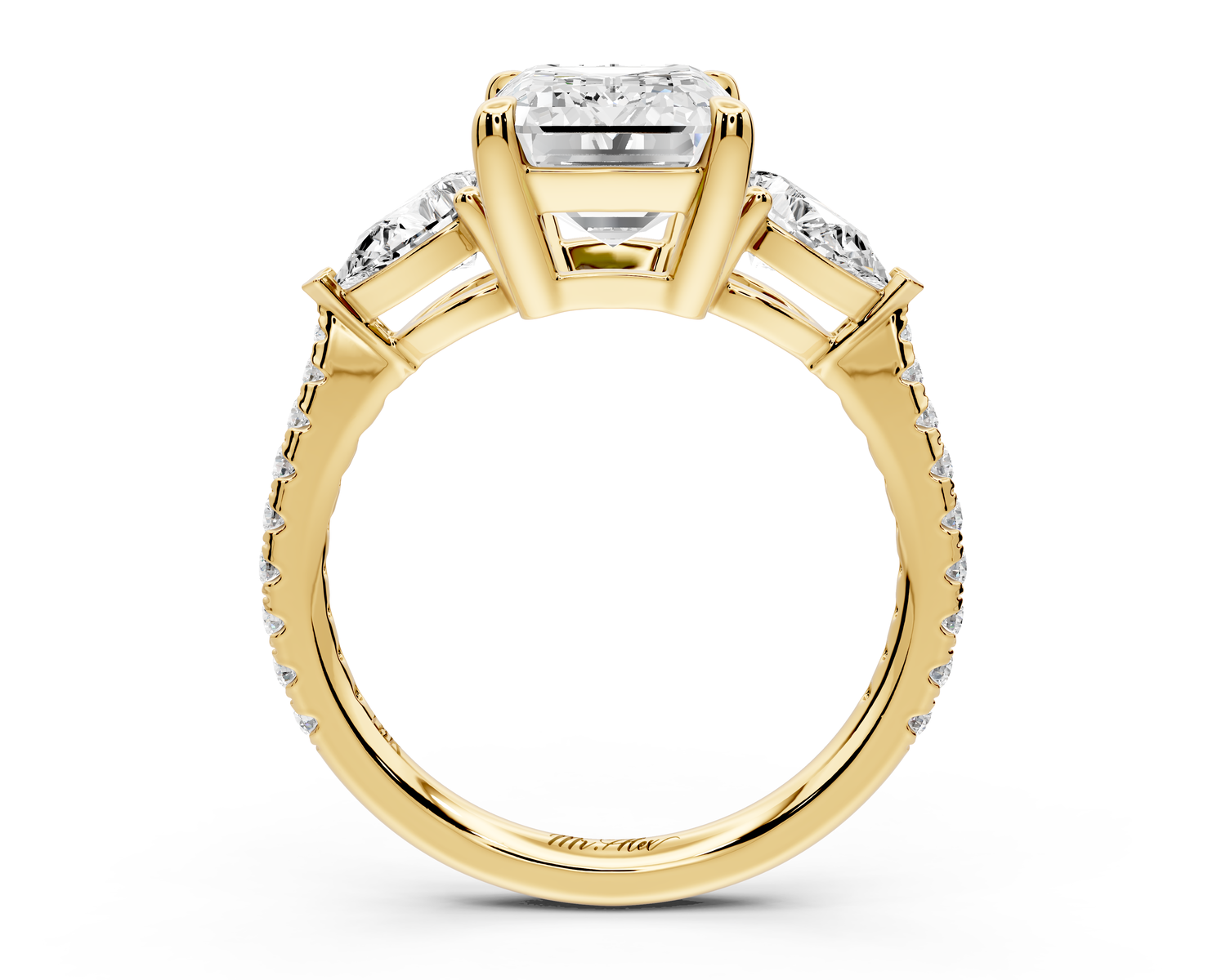 Alma - 3ct 14k yellow gold emerald center stone with two pear shaped diamonds and pavé. Three stone oval and pear Engagement ring with Pavé