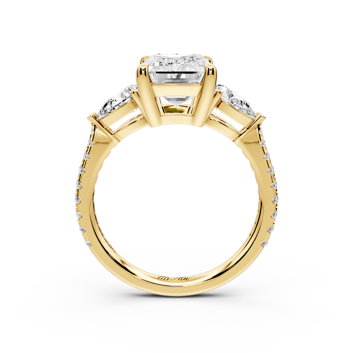 Alma - 3ct 14k yellow gold emerald center stone with two pear shaped diamonds and pavé. Three stone oval and pear Engagement ring with Pavé
