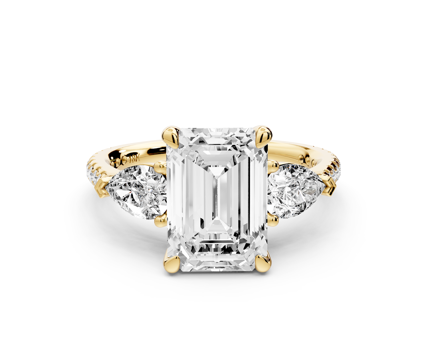 Alma - 3ct 14k yellow gold emerald center stone with two pear shaped diamonds and pavé. Three stone oval and pear Engagement ring with Pavé