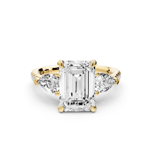 Alma - 3ct 14k yellow gold emerald center stone with two pear shaped diamonds and pavé. Three stone oval and pear Engagement ring with Pavé
