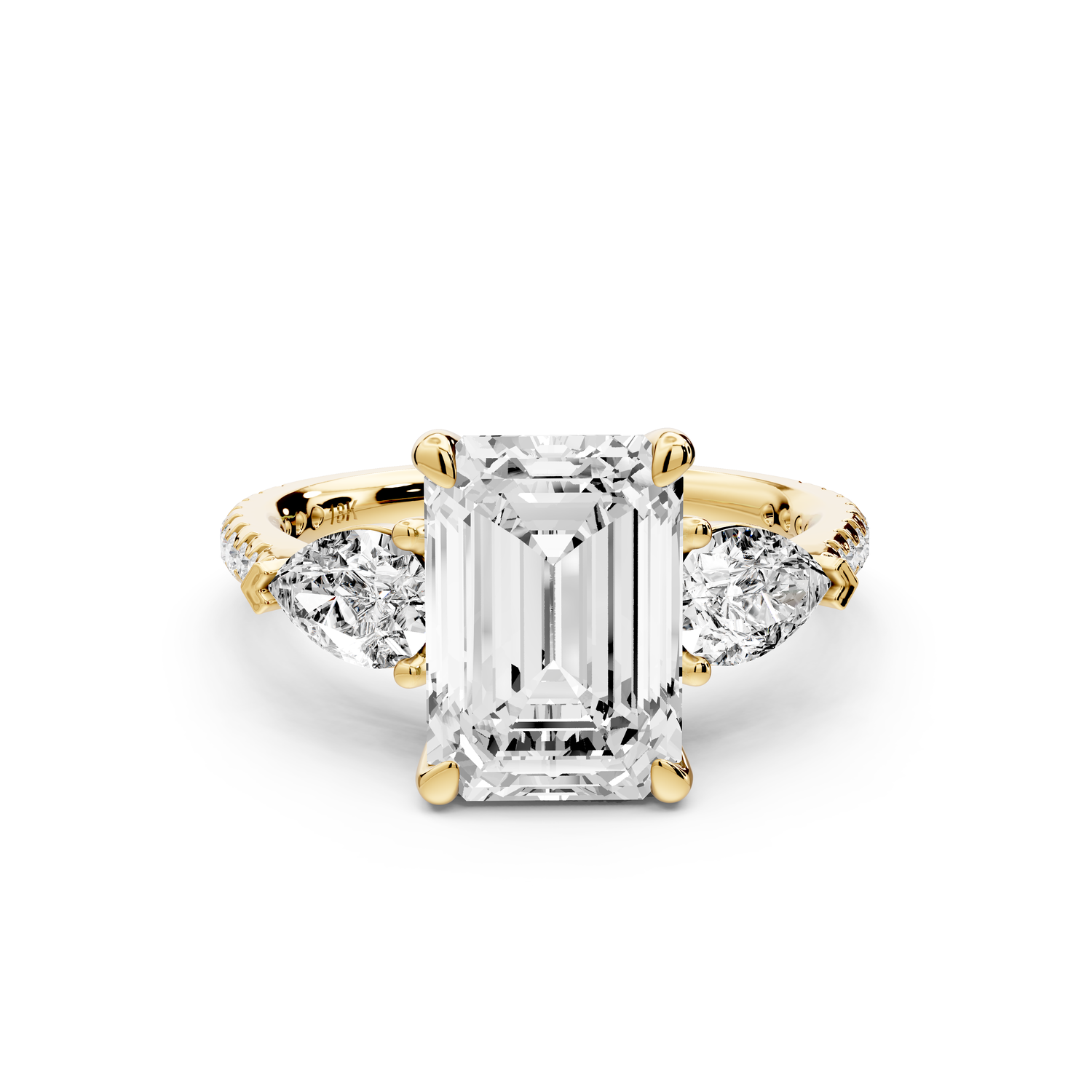 Alma - 3ct 18k yellow gold emerald center stone with two pear shaped diamonds and pavé. Three stone oval and pear Engagement ring with Pavé