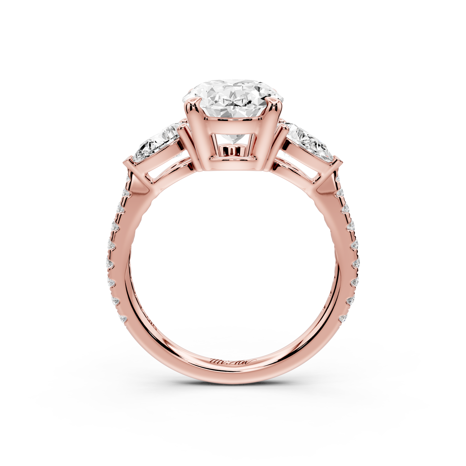 Alma - 3ct 14k rose gold oval center stone with two pear shaped diamonds and pavé. Three stone oval and pear Engagement ring with Pavé