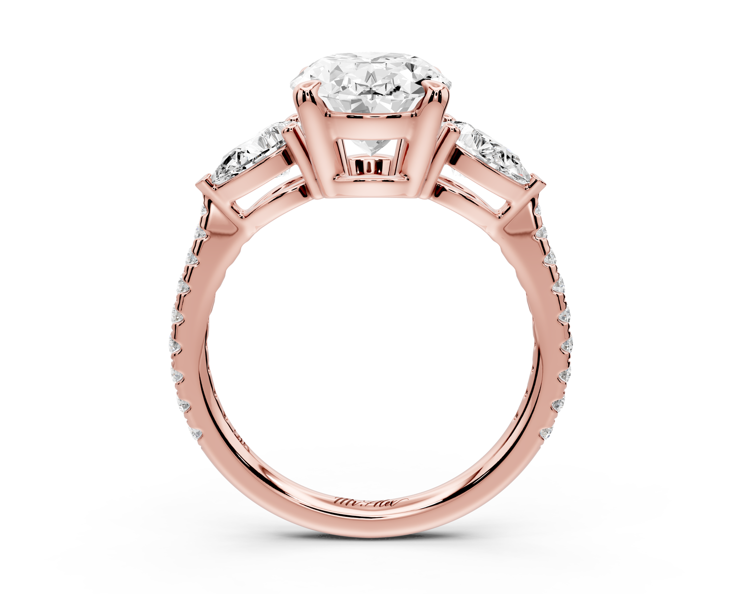 Alma - 3ct 18k rose gold oval center stone with two pear shaped diamonds and pavé. Three stone oval and pear Engagement ring with Pavé