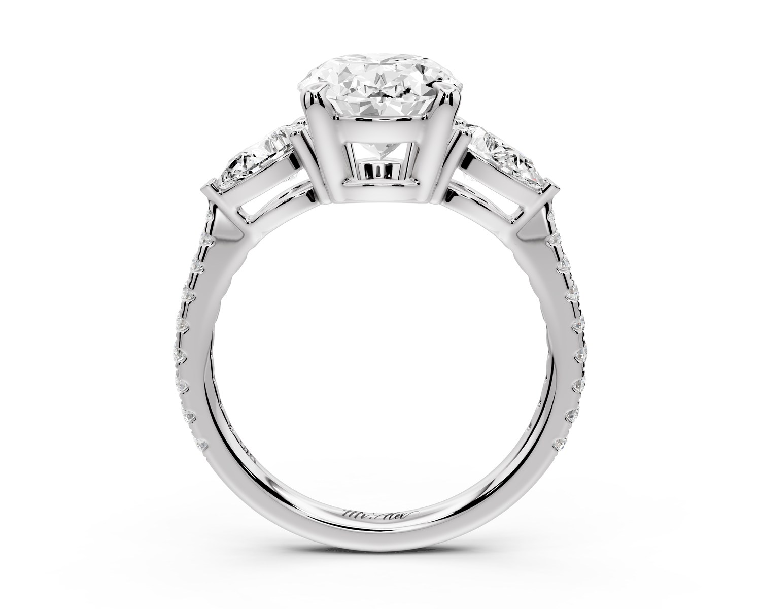 Alma - 3ct 14k white gold oval center stone with two pear shaped diamonds and pavé. Three stone oval and pear Engagement ring with Pavé