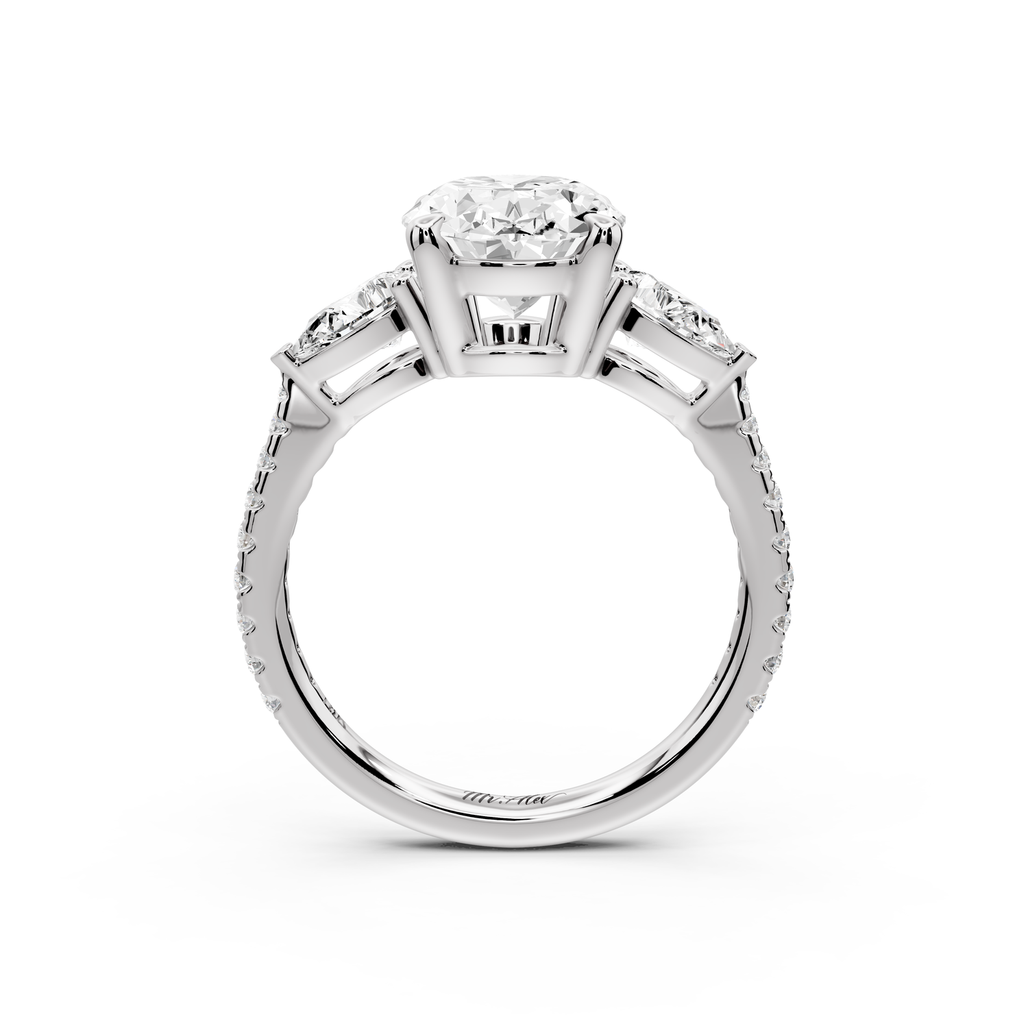 Alma - 3ct 14k white gold oval center stone with two pear shaped diamonds and pavé. Three stone oval and pear Engagement ring with Pavé