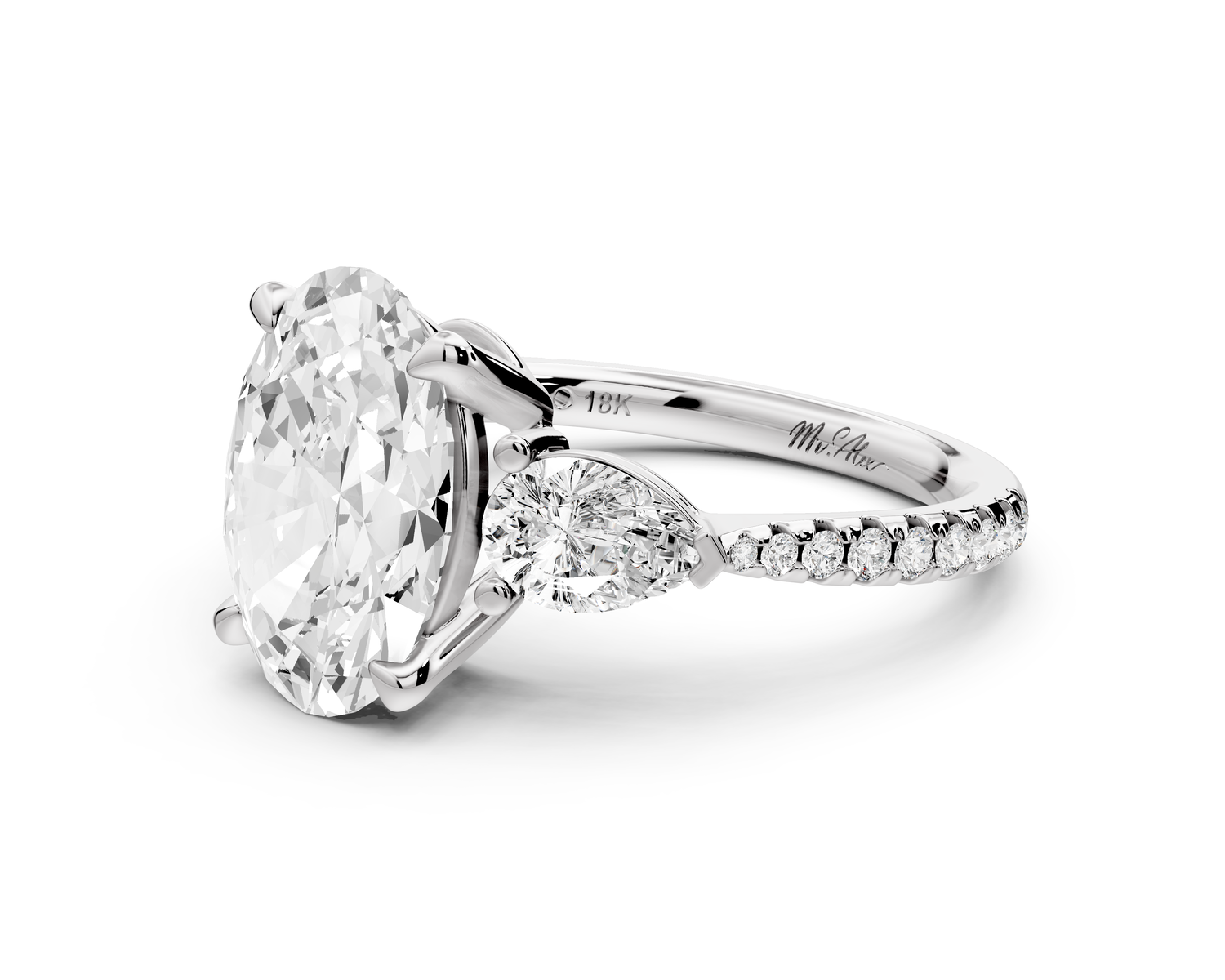 Alma - 3ct 14k white gold oval center stone with two pear shaped diamonds and pavé. Three stone oval and pear Engagement ring with Pavé