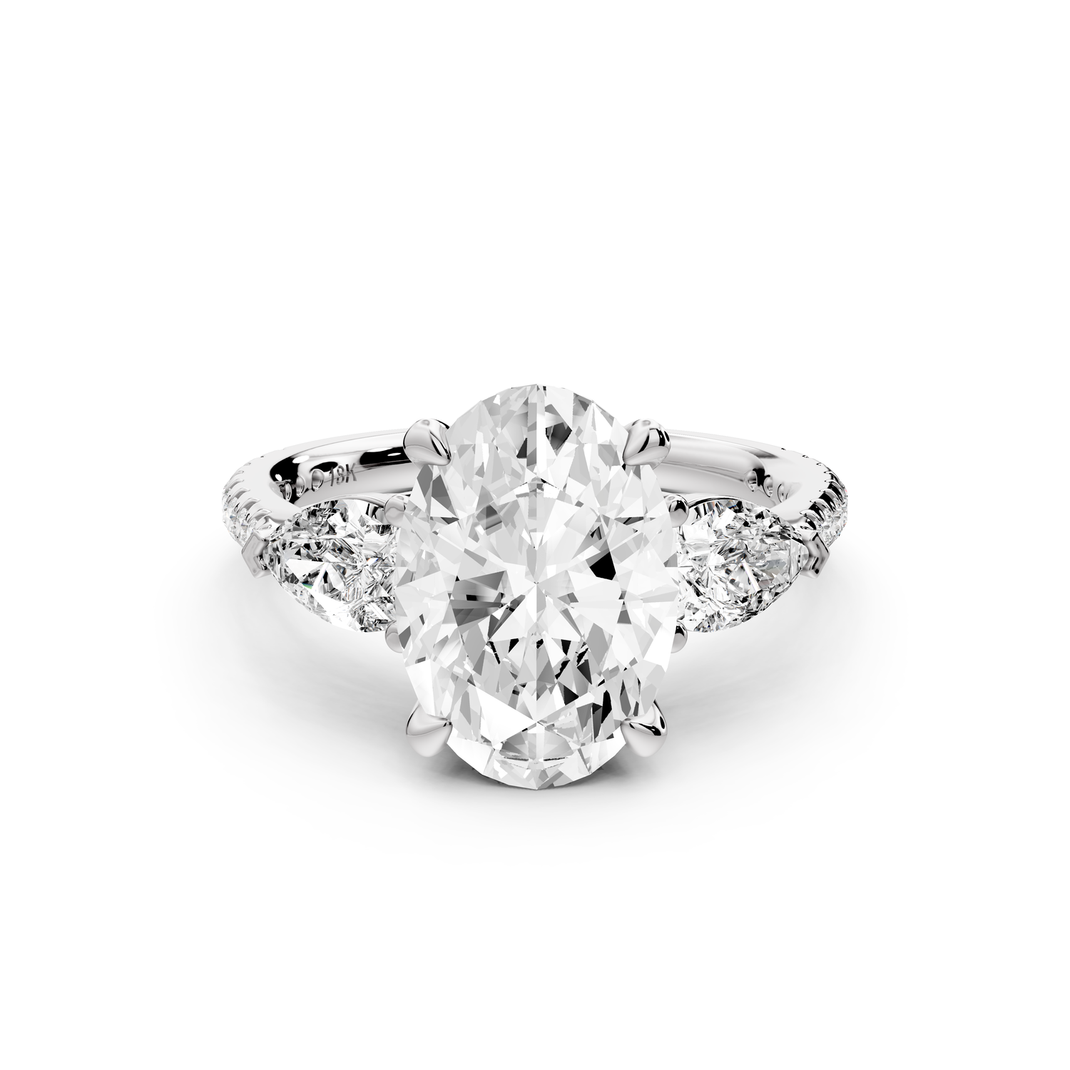 Alma - 3ct 14k white gold oval center stone with two pear shaped diamonds and pavé. Three stone oval and pear Engagement ring with Pavé