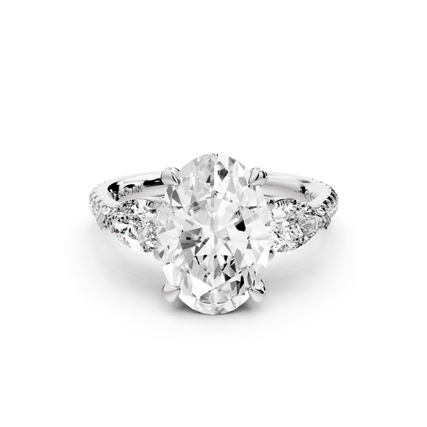 Alma - 3ct 14k white gold oval center stone with two pear shaped diamonds and pavé. Three stone oval and pear Engagement ring with Pavé