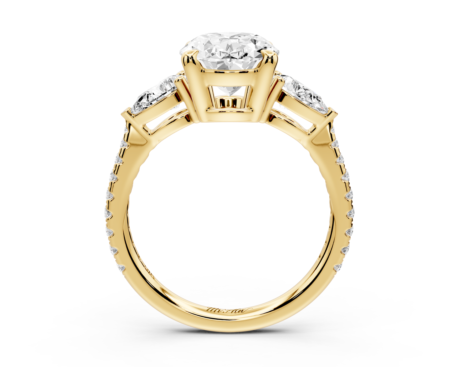 Alma - 3ct 14k yellow gold oval center stone with two pear shaped diamonds and pavé. Three stone oval and pear Engagement ring with Pavé