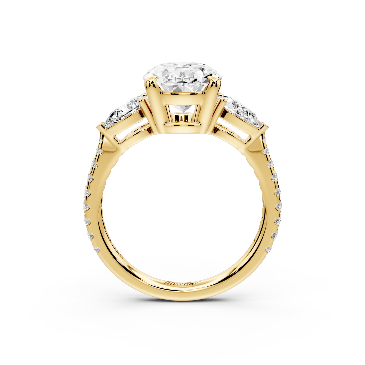 Alma - 3ct 14k yellow gold oval center stone with two pear shaped diamonds and pavé. Three stone oval and pear Engagement ring with Pavé