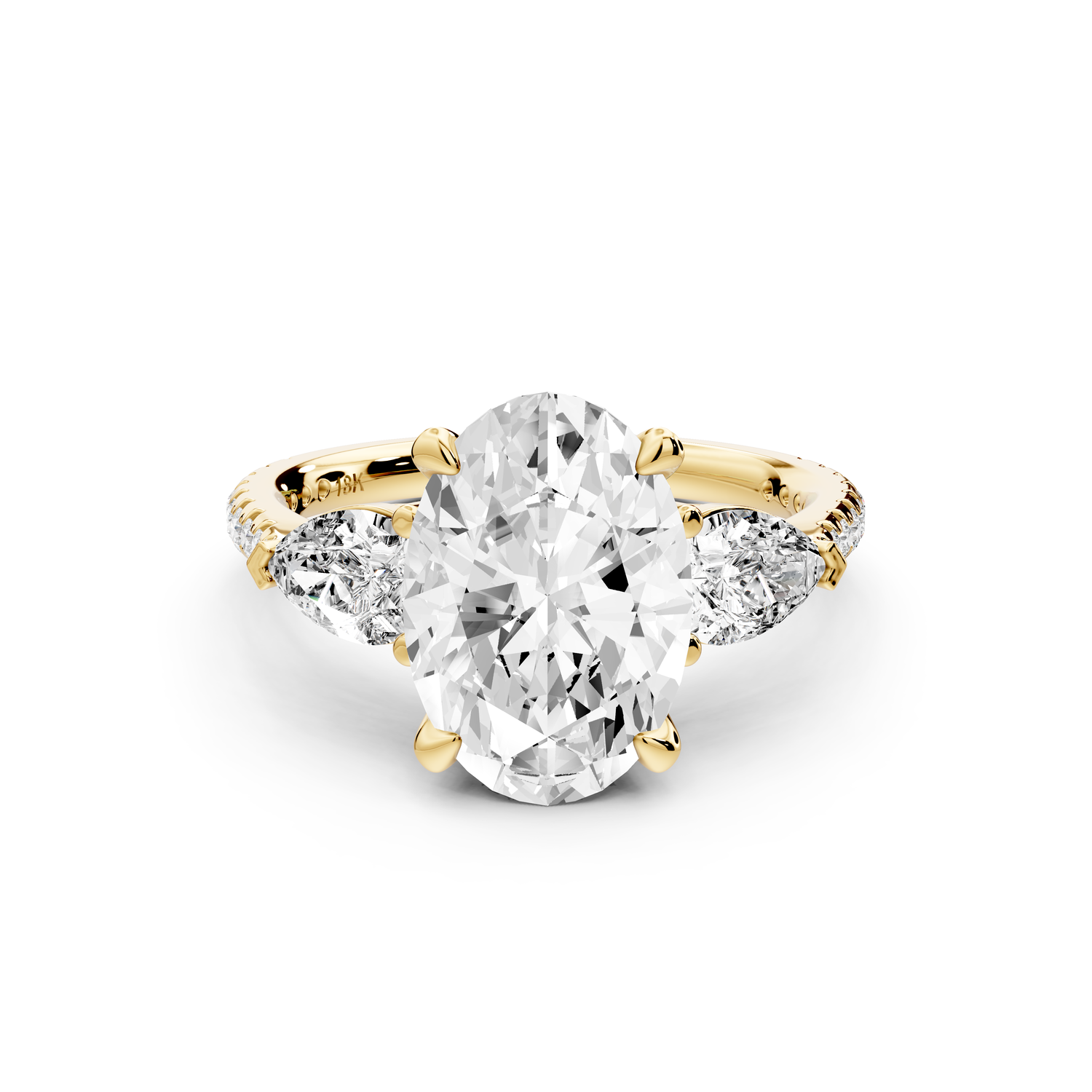 Alma - 3ct 14k yellow gold oval center stone with two pear shaped diamonds and pavé. Three stone oval and pear Engagement ring with Pavé