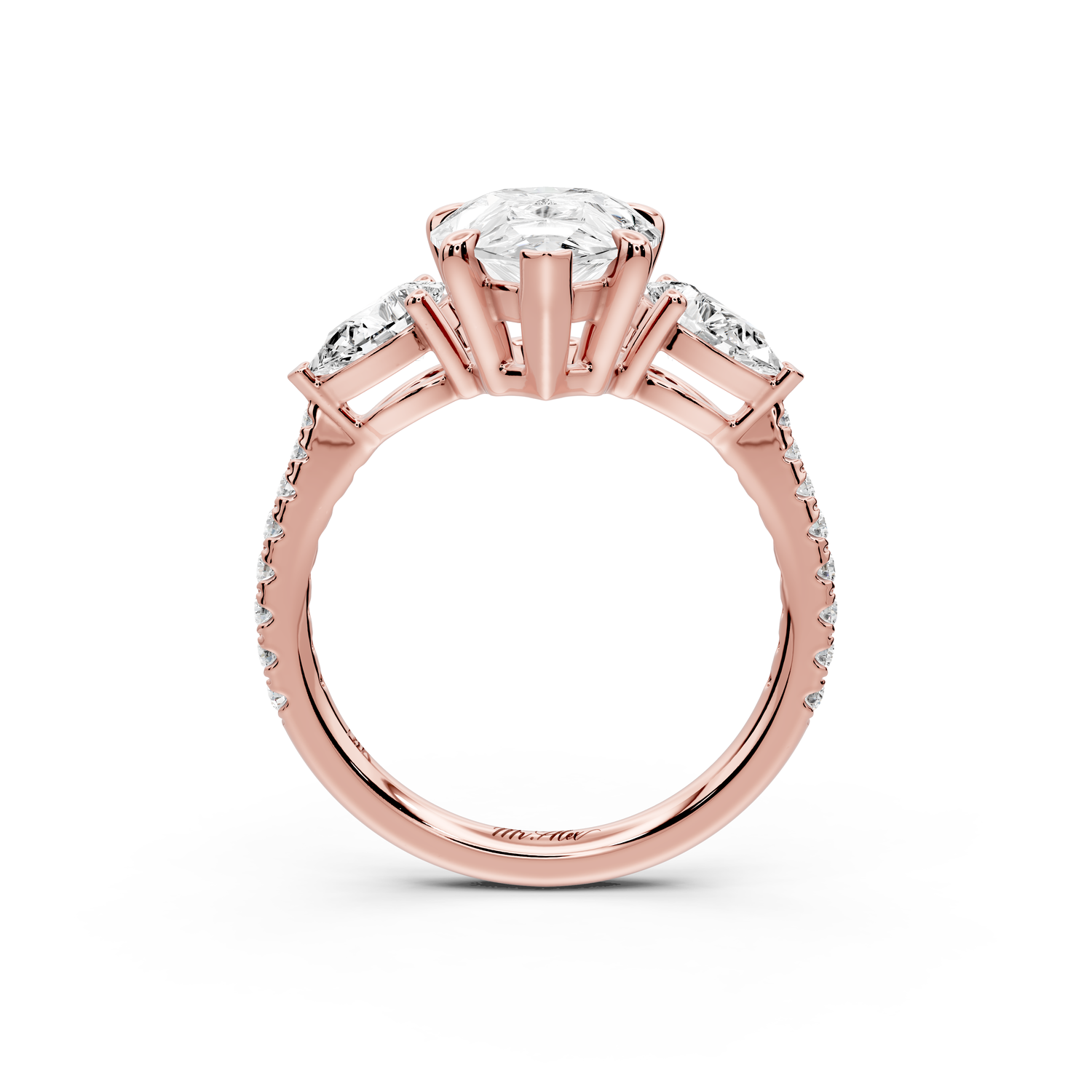 Alma - 3ct 14k rose gold pear center stone with two pear shaped diamonds and pavé. Three stone oval and pear Engagement ring with Pavé