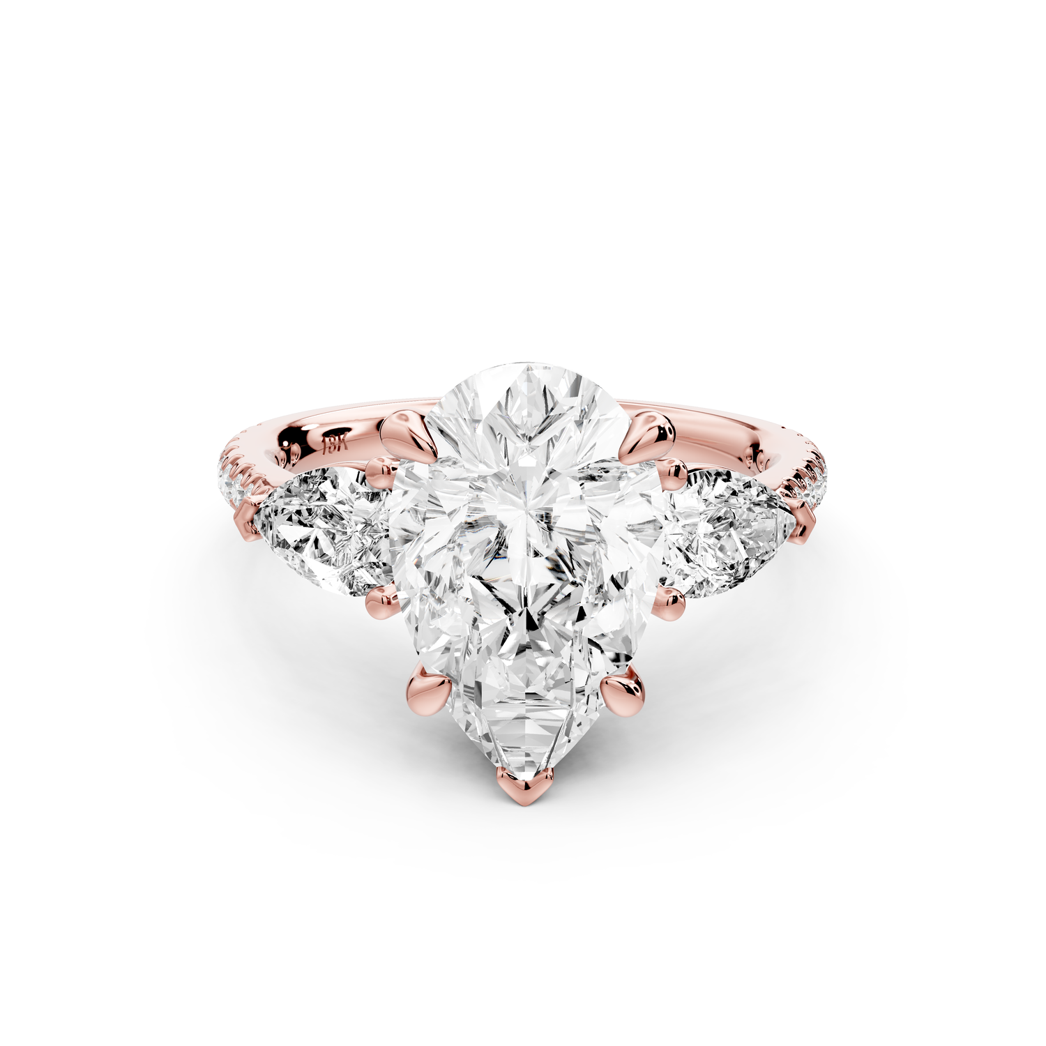 Alma - 3ct 14k rose gold pear center stone with two pear shaped diamonds and pavé. Three stone oval and pear Engagement ring with Pavé