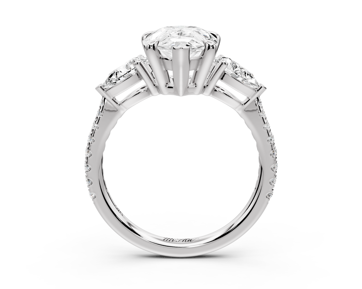 Alma - 3ct 14k white gold pear center stone with two pear shaped diamonds and pavé. Three stone oval and pear Engagement ring with Pavé