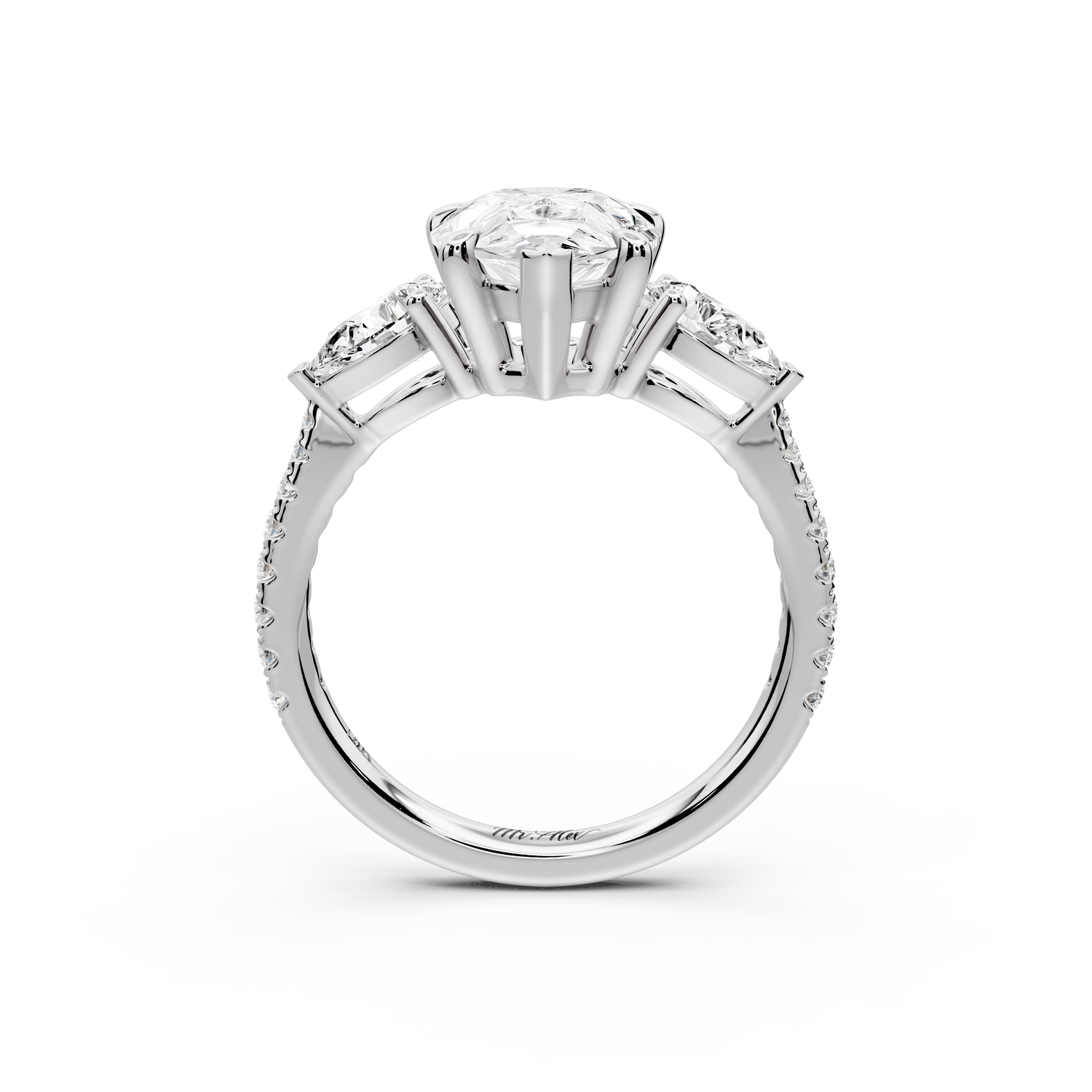Alma - 3ct 14k white gold pear center stone with two pear shaped diamonds and pavé. Three stone oval and pear Engagement ring with Pavé