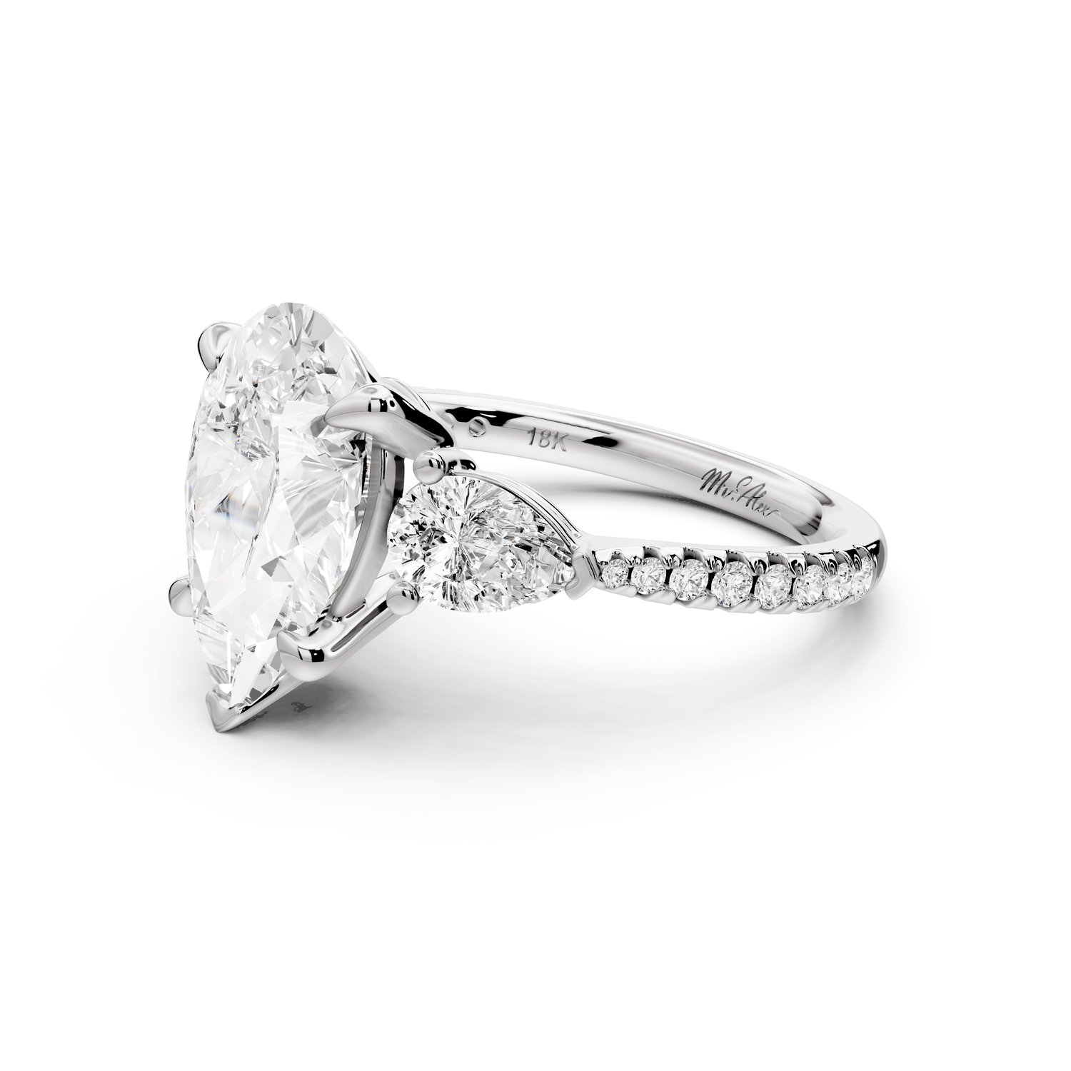 Alma - 3ct 14k white gold pear center stone with two pear shaped diamonds and pavé. Three stone oval and pear Engagement ring with Pavé