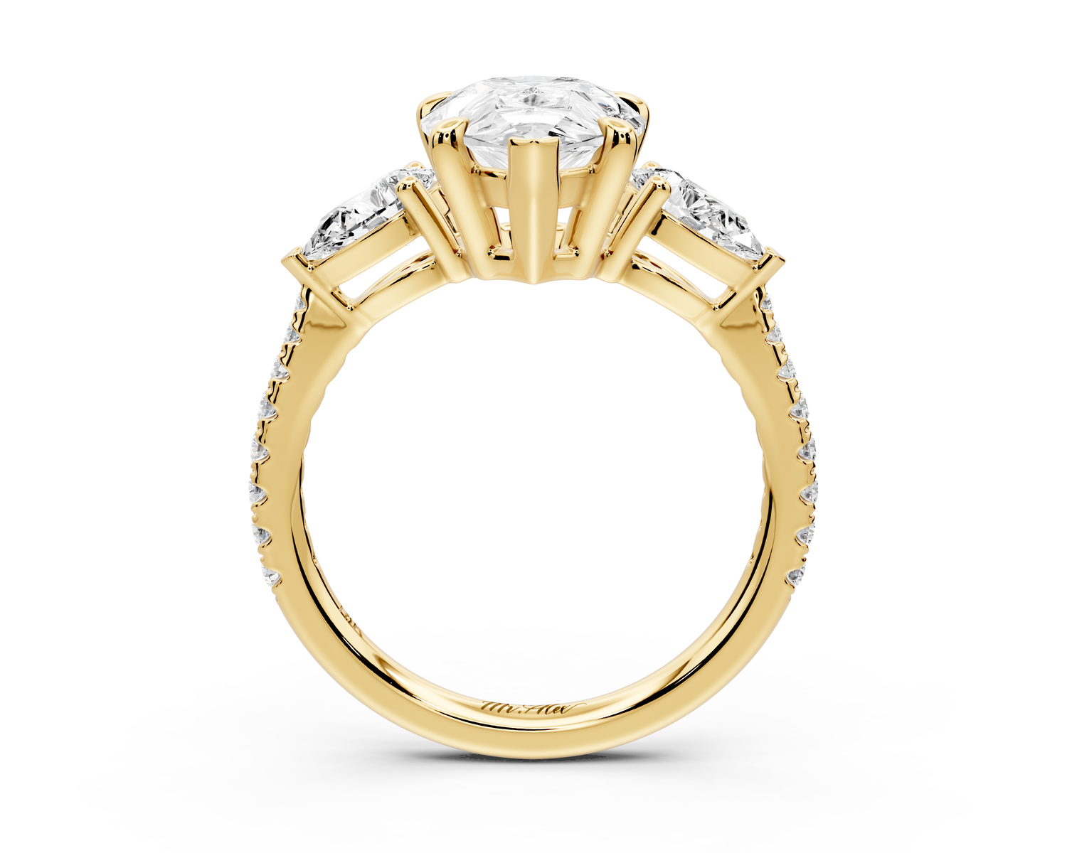 Alma - 3ct 14k yellow gold pear center stone with two pear shaped diamonds and pavé. Three stone oval and pear Engagement ring with Pavé