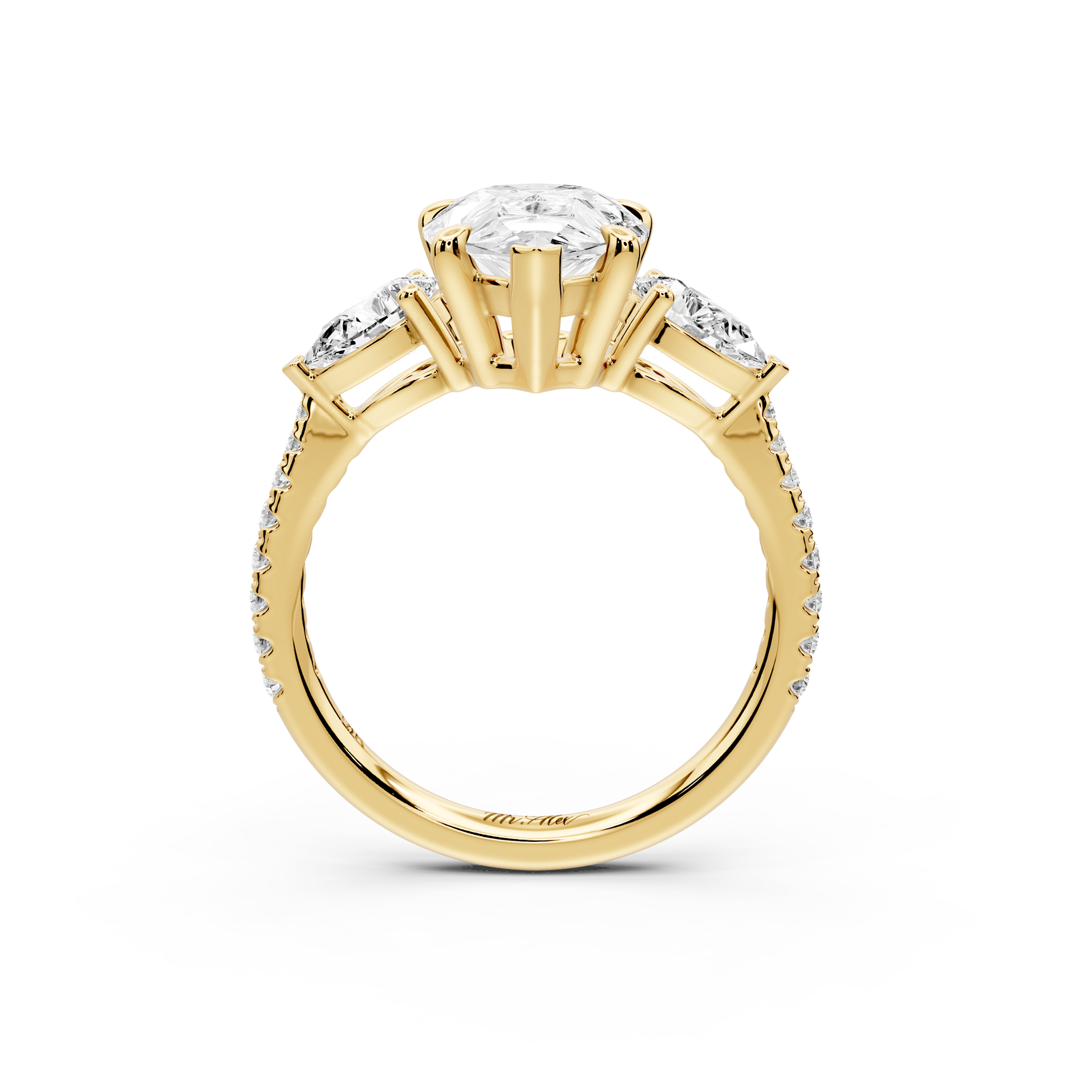 Alma - 3ct 14k yellow gold pear center stone with two pear shaped diamonds and pavé. Three stone oval and pear Engagement ring with Pavé