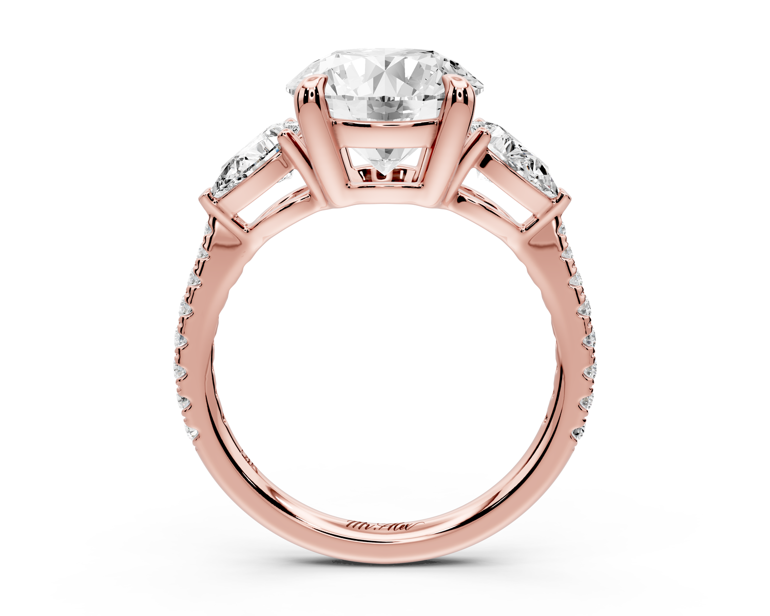 Alma - 3ct 14k rose gold round center stone with two pear shaped diamonds and pavé. Three stone oval and pear engagment ring with Pavé