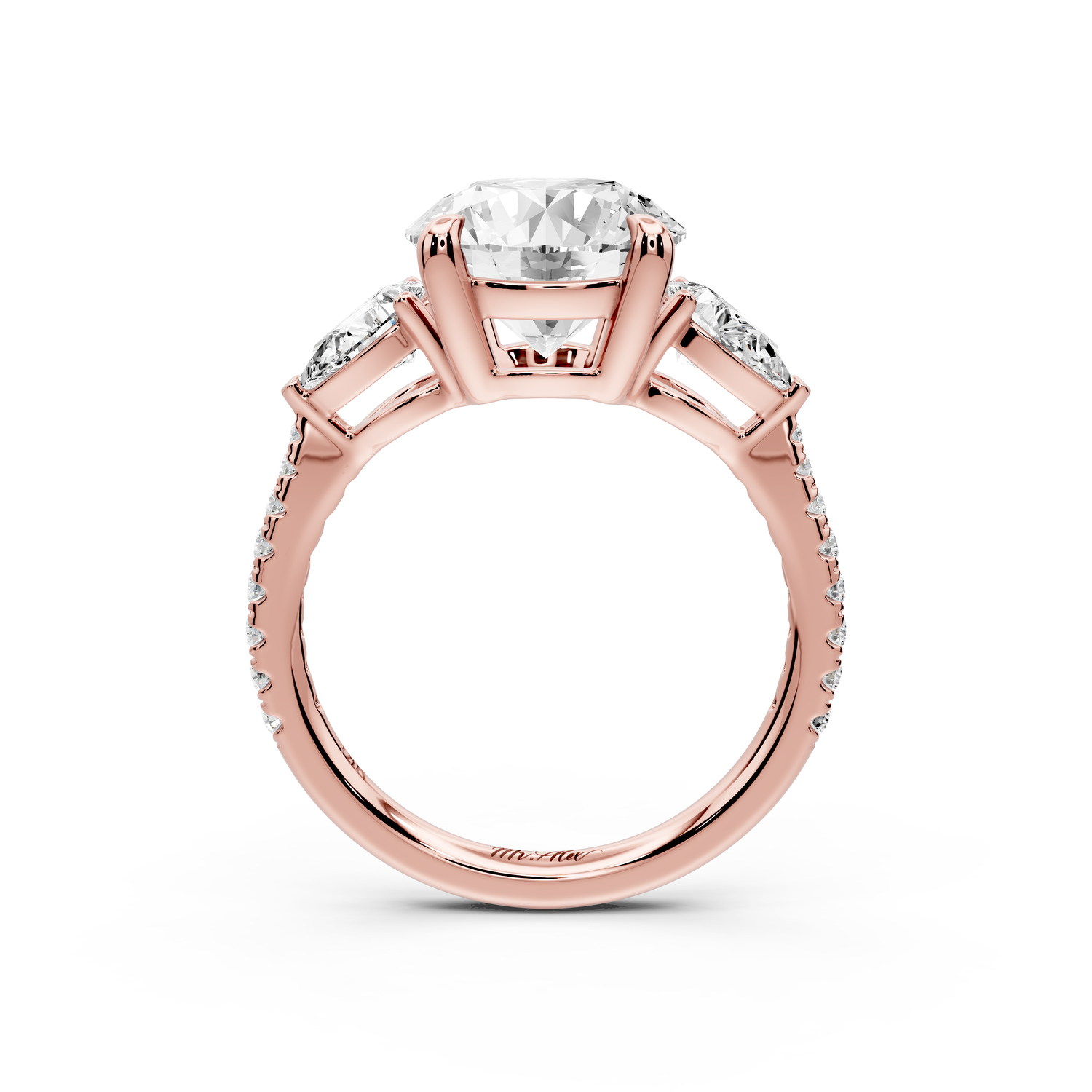 Alma - 3ct 14k rose gold round center stone with two pear shaped diamonds and Pavé. Three stone oval and pear engagment ring with Pavé